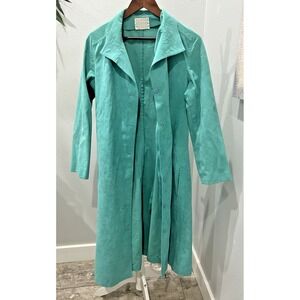 Vintage 70s Turquoise Suede Trench Overcoat‎ Boho Hippie Festival Flower Western